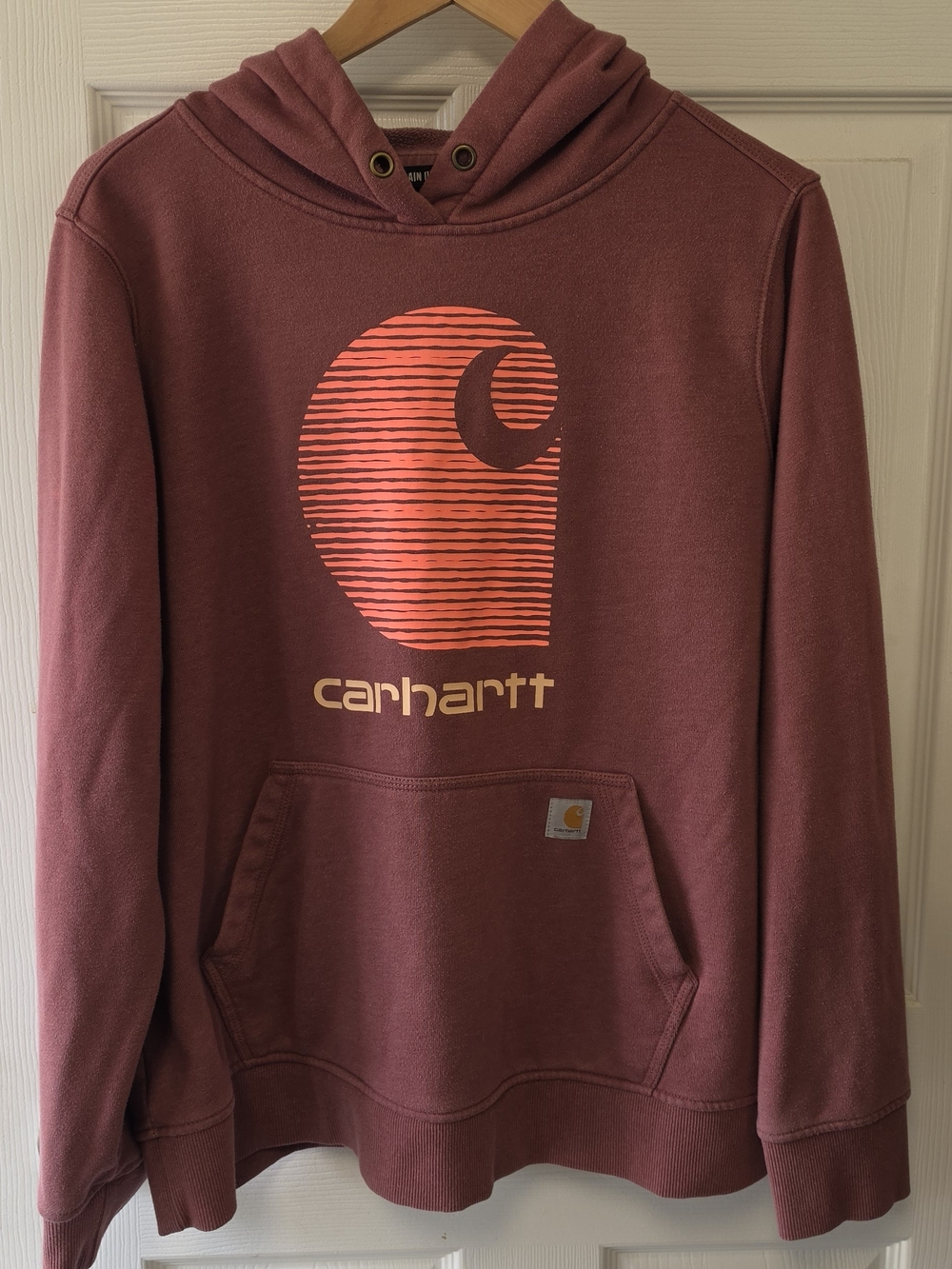 Carhartt Women's Maroon Pullover Hoodie with Orange Logo